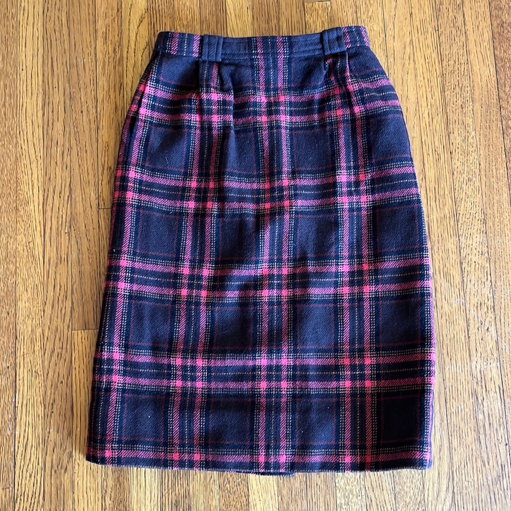 Vintage Celine Plaid Wool Pencil Midi Skirt XS